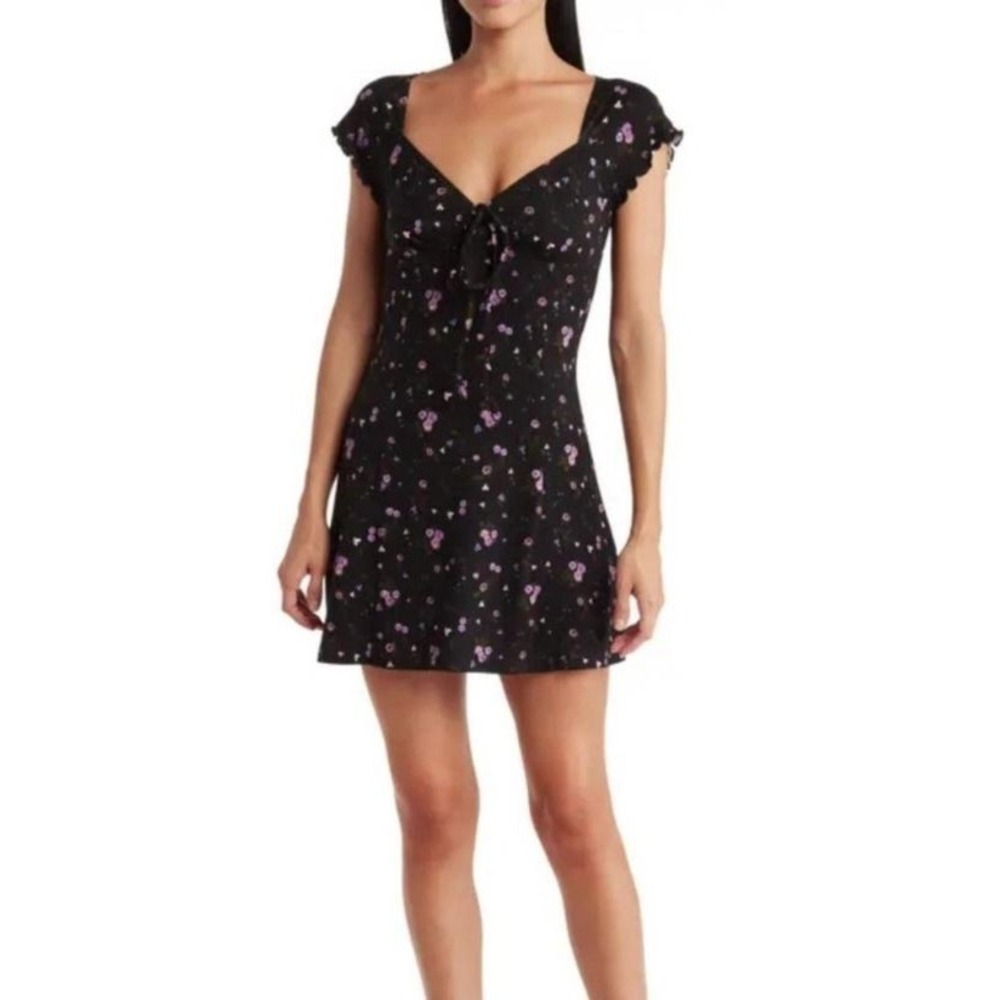 Abound Womens V-Neck Short Lettuce Edge Sleeve Floral Mini Dress Black Multi Med